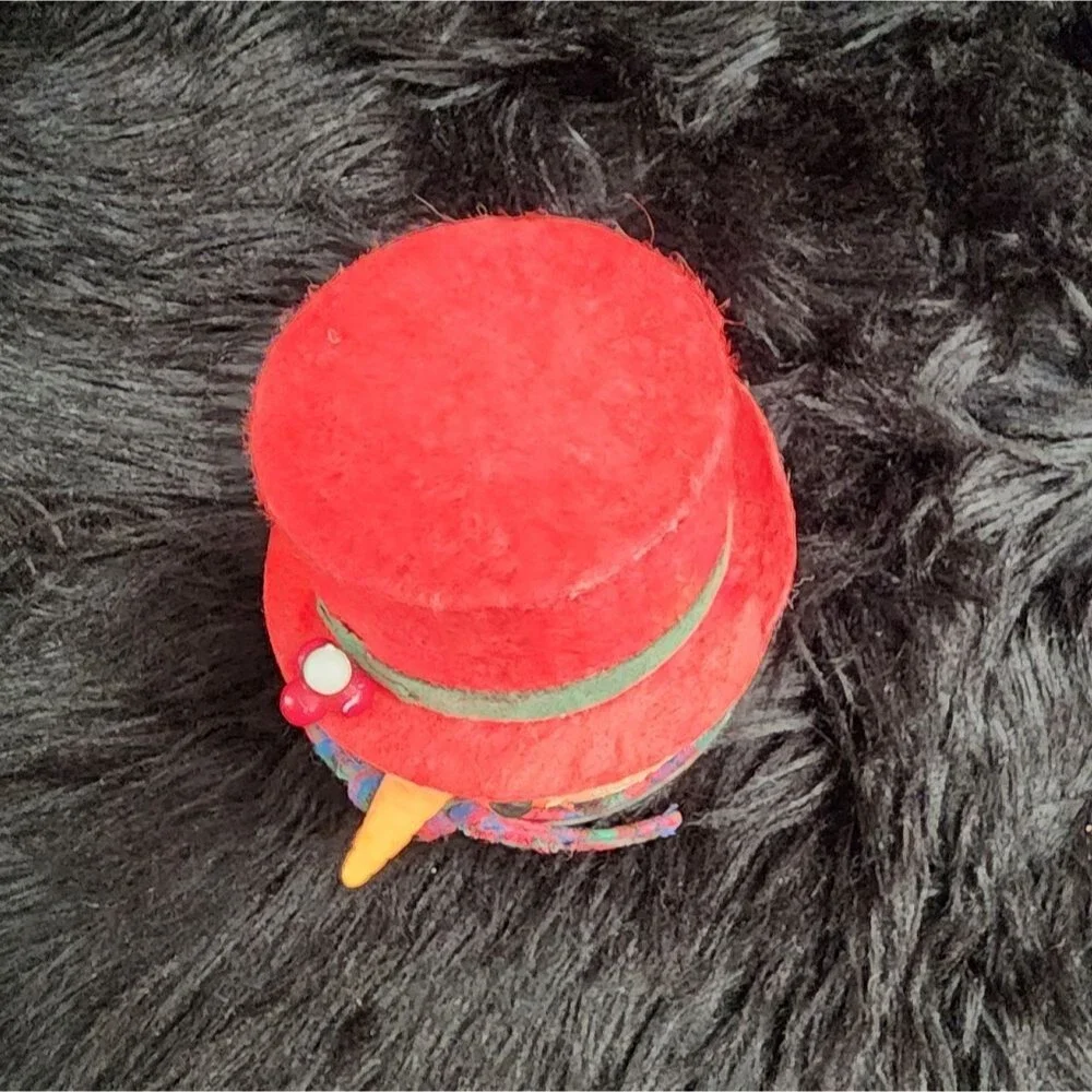 Vintage Christmas Melted Plastic Popcorn Snowman Felt Hat, Fabric Scarf
